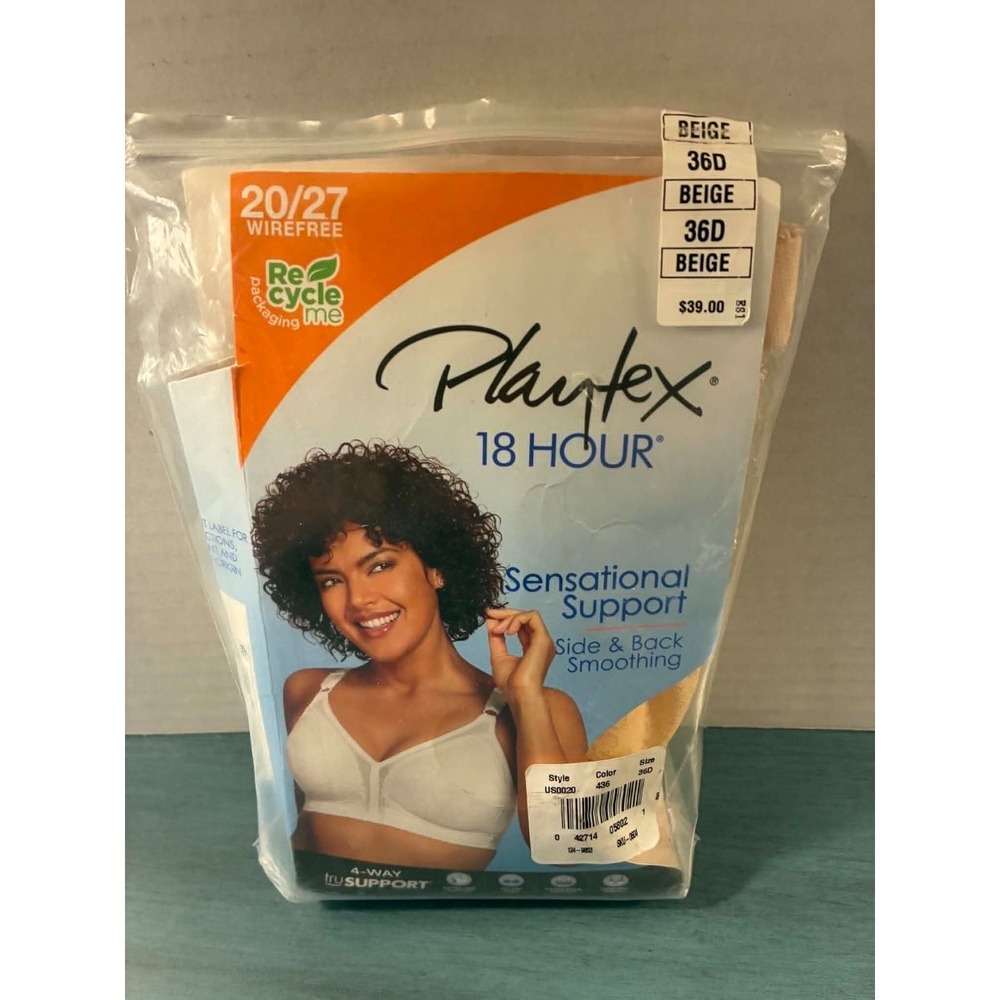 Playtex 18 Hour Sensational Support Wirefree Bra Beige 36D US0020 Lace Smoothing